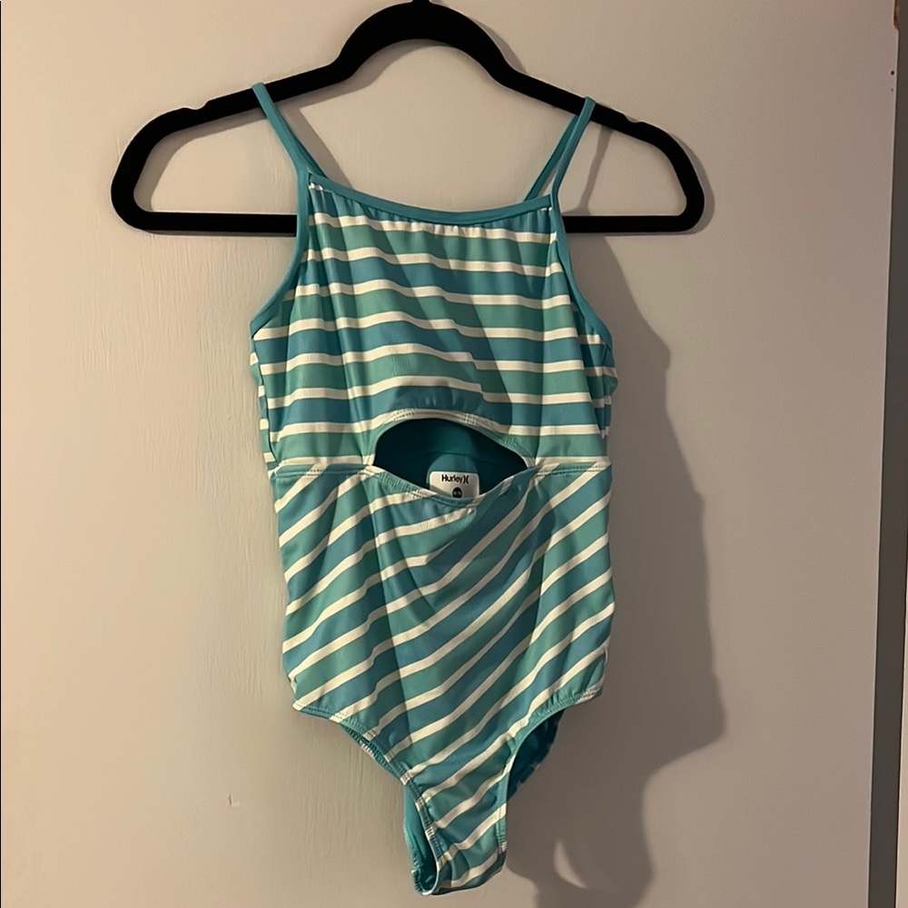 Hurley Girls Aqua and White Striped Cutout Swimsuit